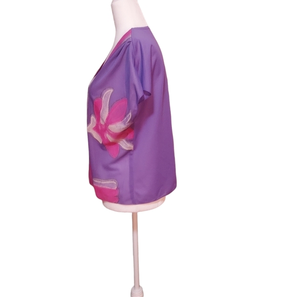 Hand Painted Vest M Floral Purple Pink White Kimono Robe top Blouse Shirt - Picture 3 of 4